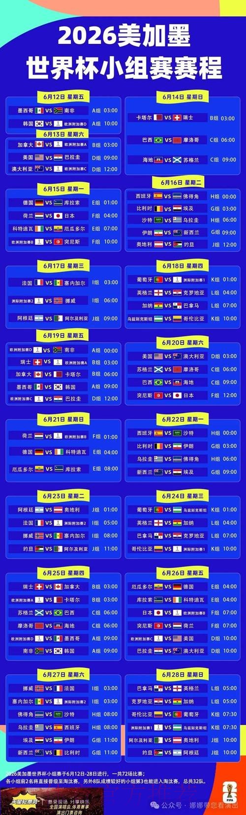 2026世界杯每日赛程详细安排实时赛程在哪里看